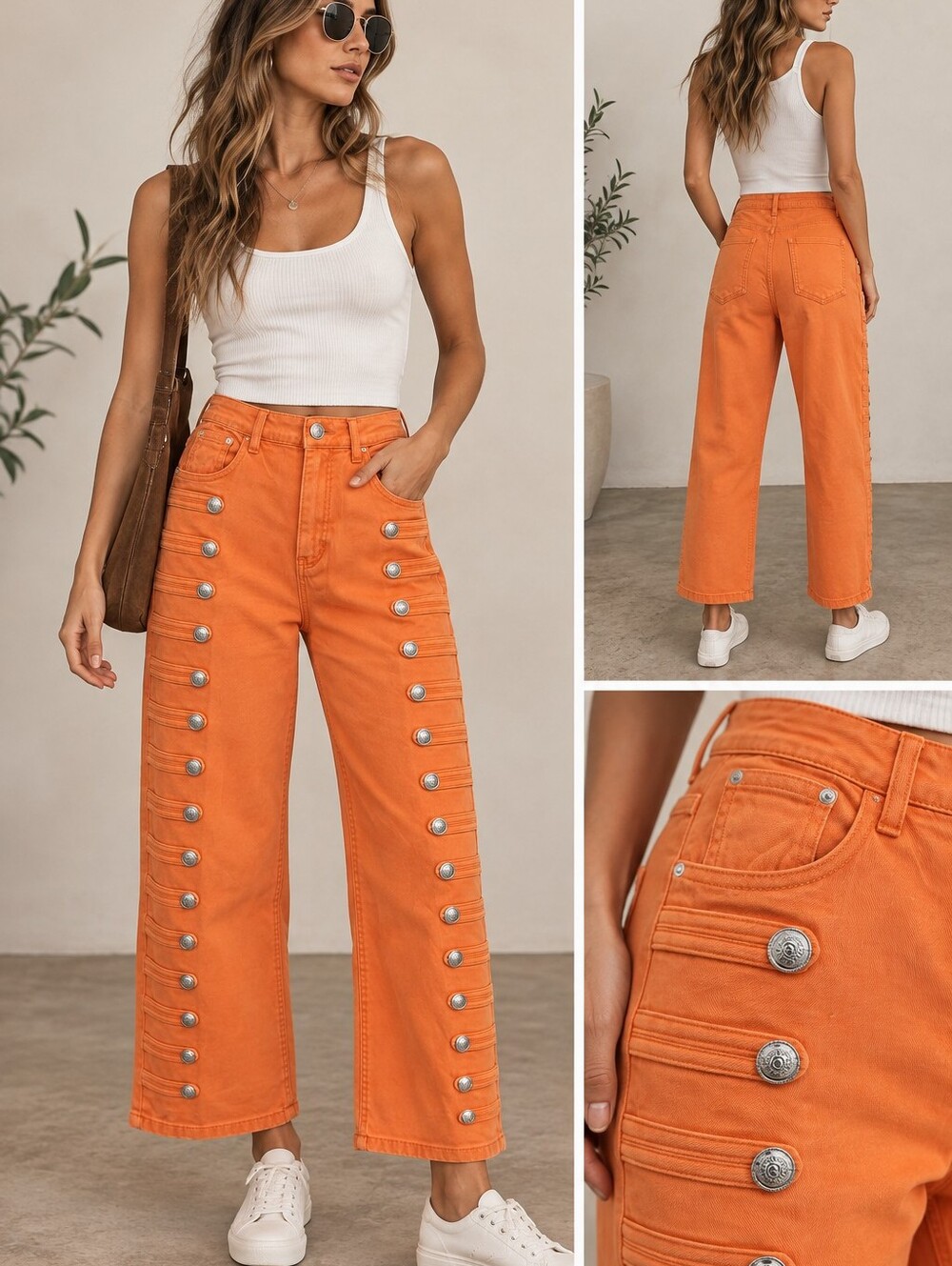 High-Rise Orange Jeans with Silver Button Military Barrels, NWOT, M